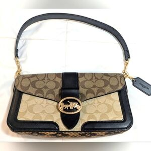 Coach Signature Canvas and Black Leather Shoulder Bag